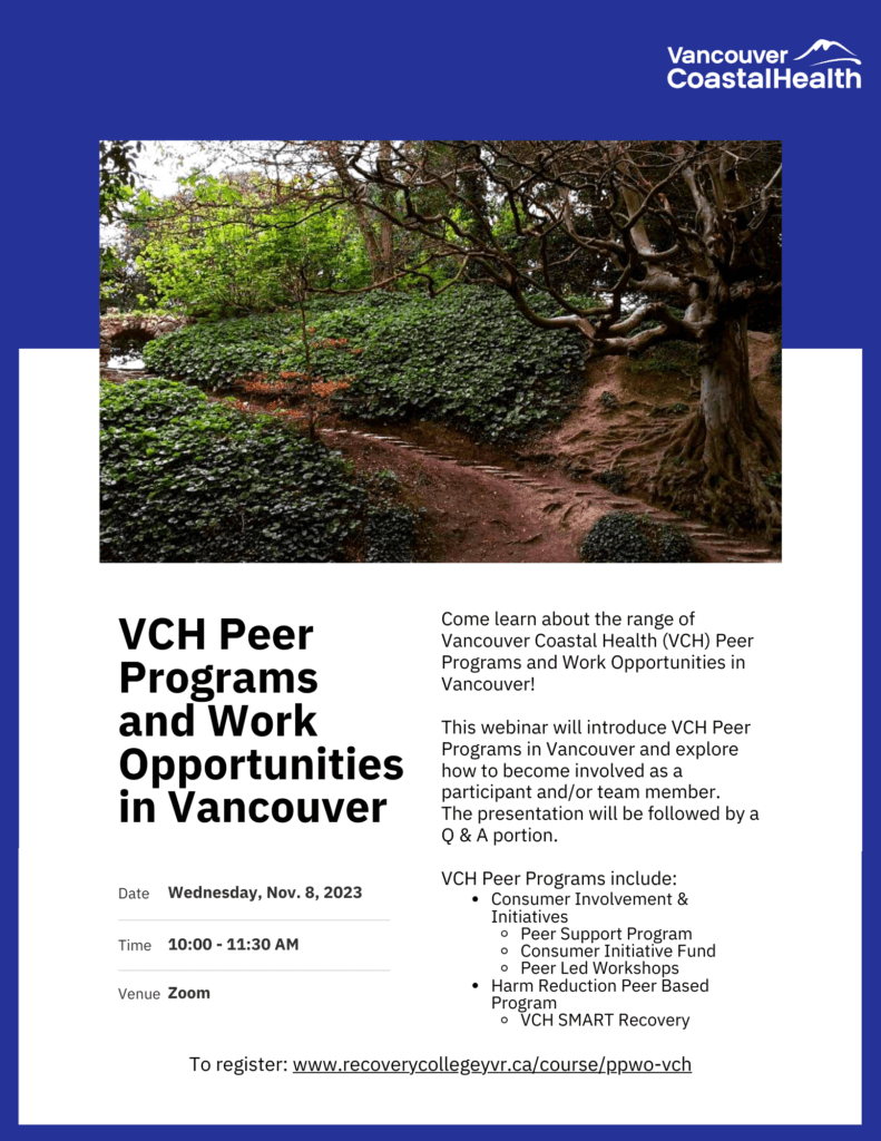 Free Info Session: VCH Peer Programs and Work Opportunities in Vancouver - Nov. 8, 2023