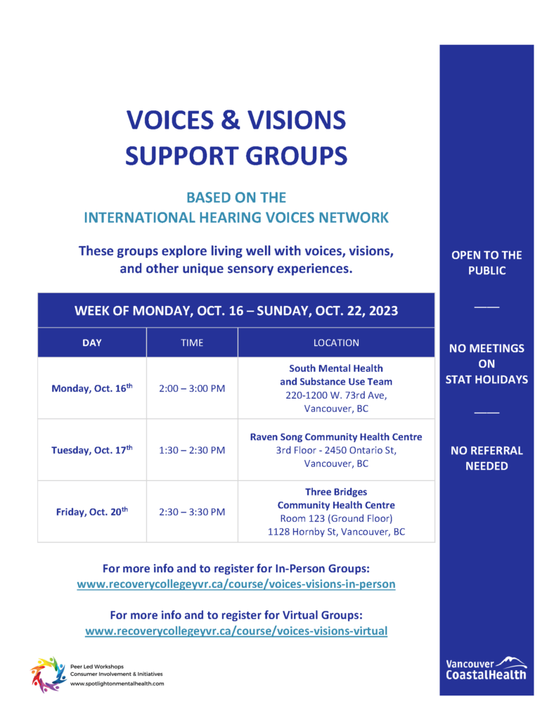 Voices and Visions
 Support Groups  Week of Monday, Oct. 16 - Sunday, Oct. 22, 2023