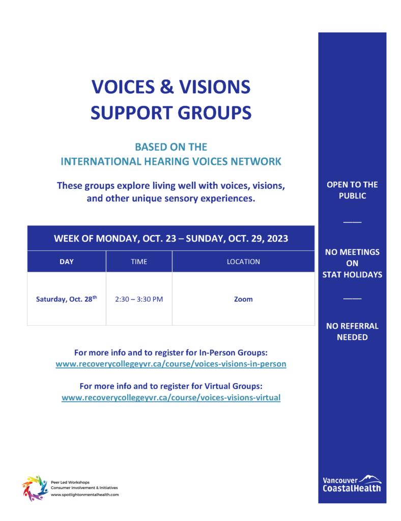 Voices and Visions Groups Schedule – Monday, Oct. 23 - Sunday, Oct. 29, 2023