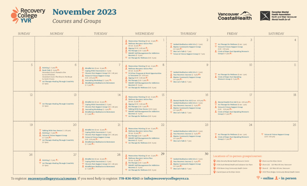Recovery College YVR November Calendar