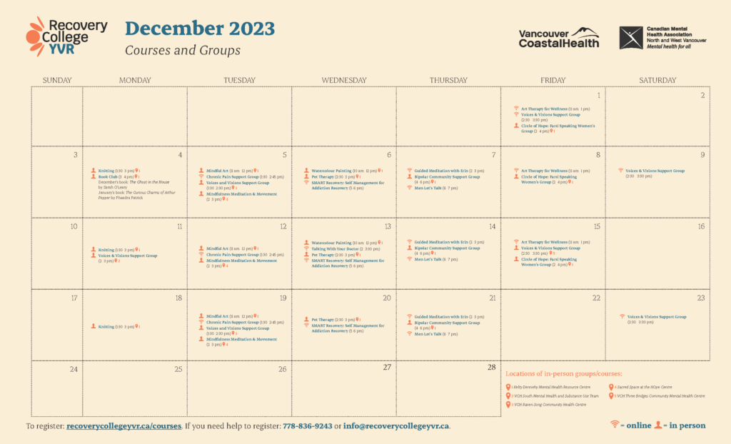 Recovery College YVR December Calendar