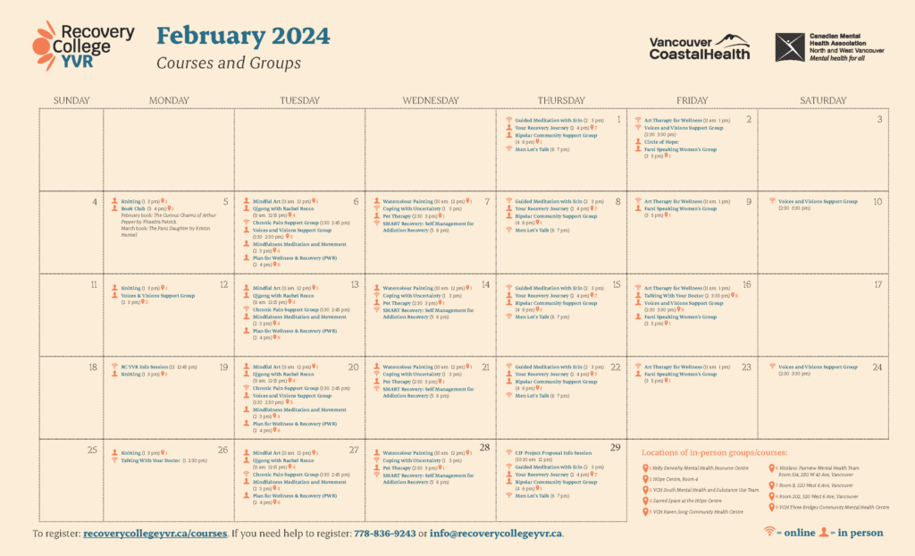 Recovery College YVR February 2024 Calendar