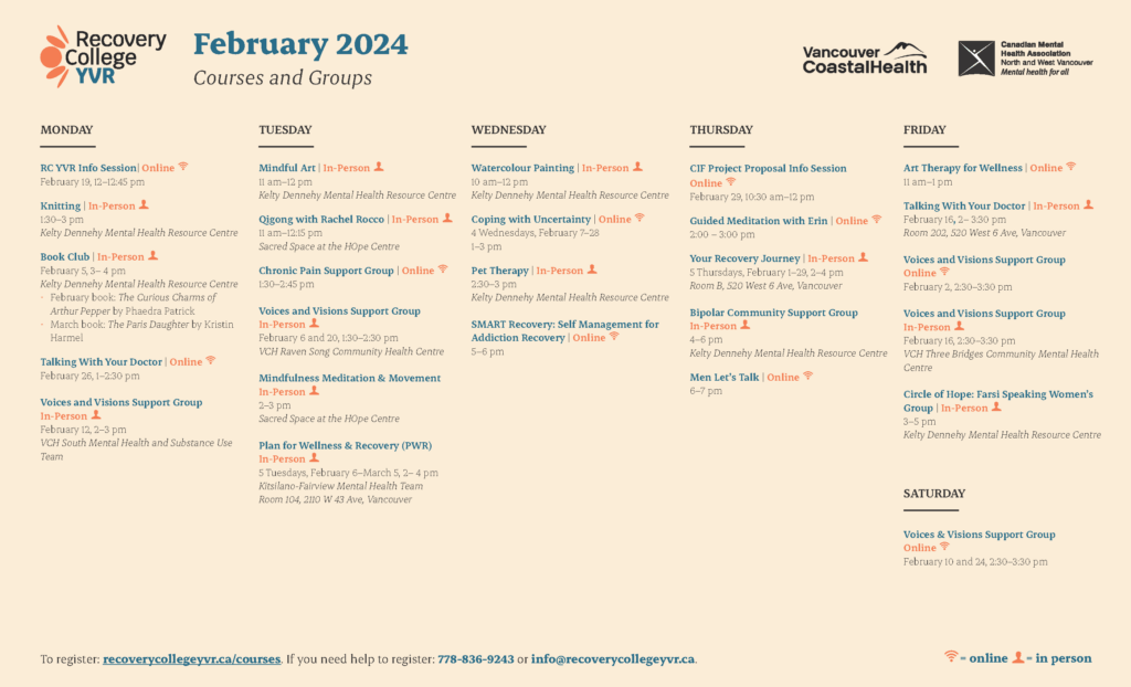 Recovery College YVR February 2024 Calendar