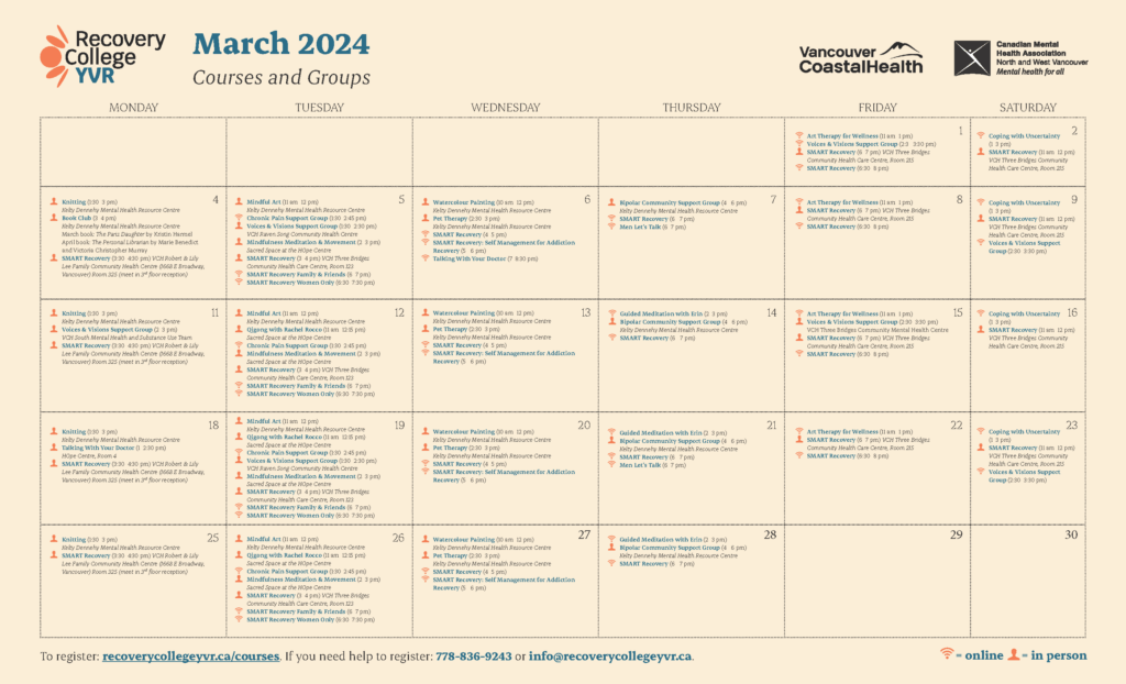 Recovery College YVR March 2024 Calendar
