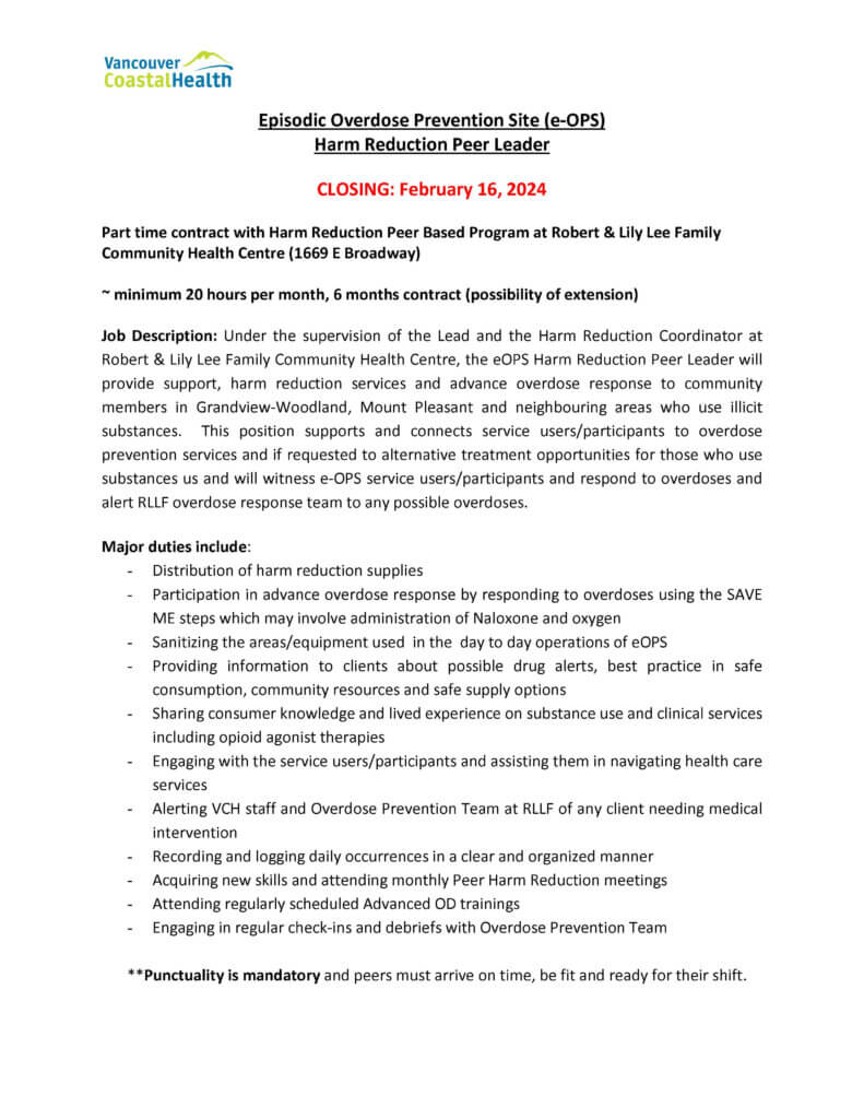 VCH Peer Contractor Opportunity - Deadline to apply Feb 16