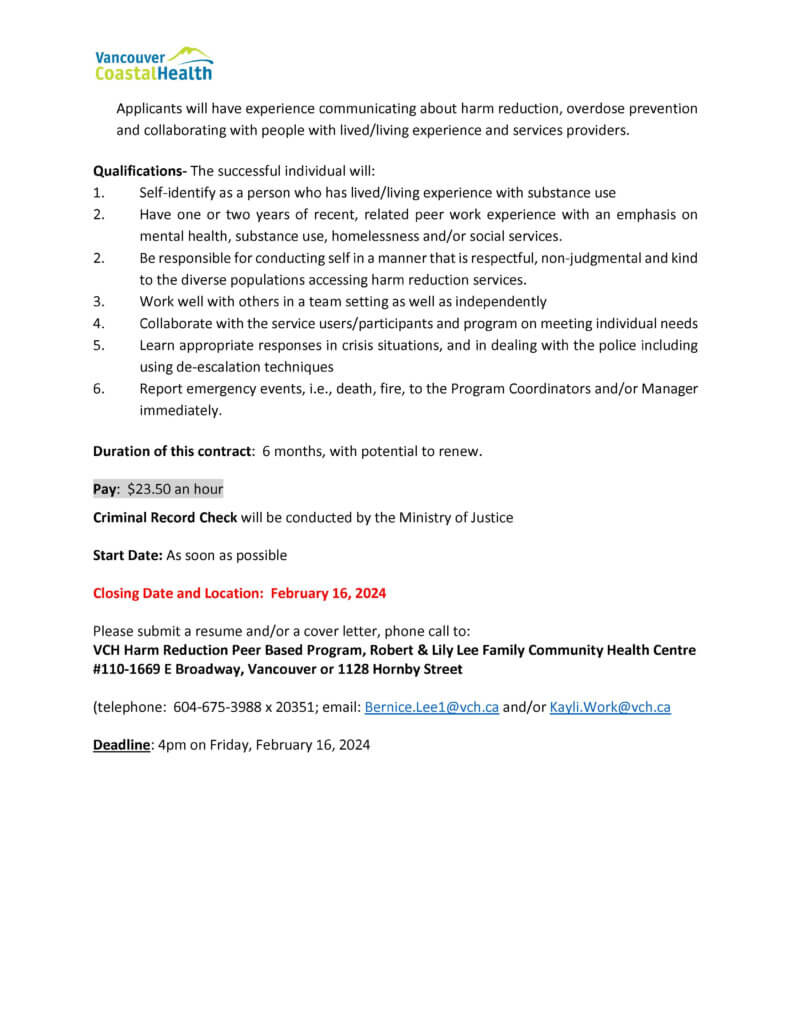 VCH Peer Contractor Opportunity - Deadline to apply Feb 16