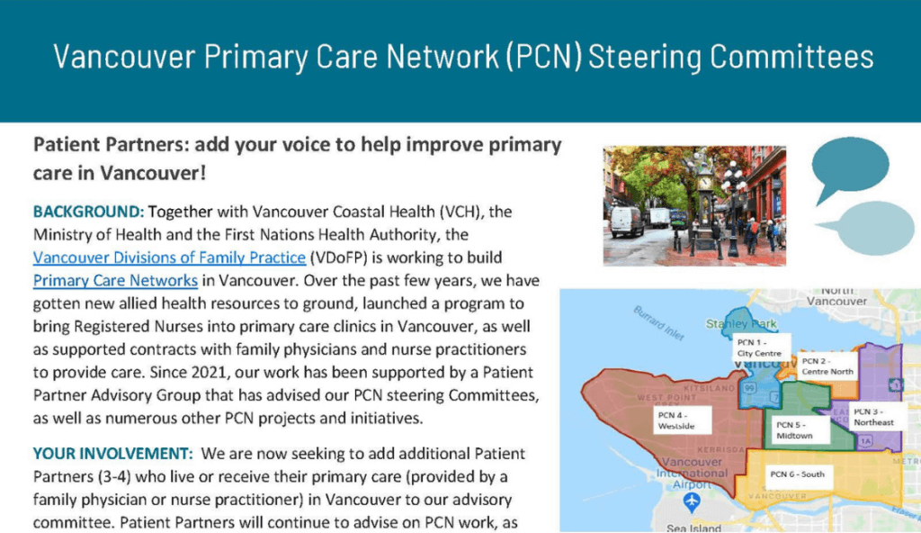 Get involved! Advisory Opportunity with the Vancouver Primary Care Network (PCN) Steering Committee