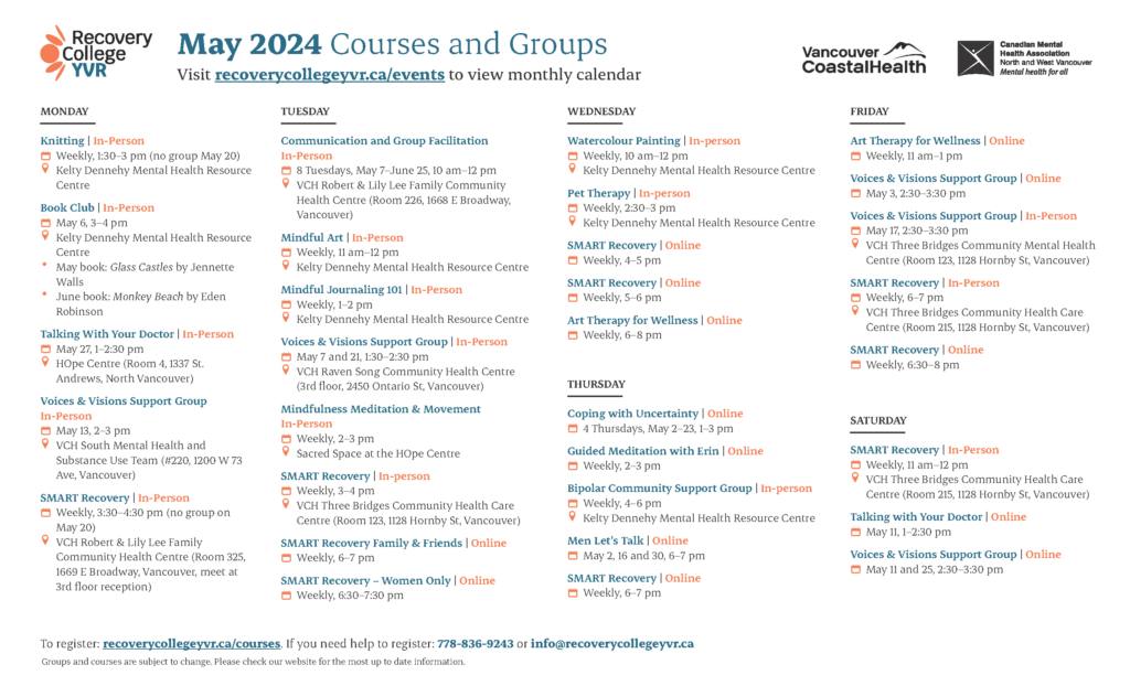 Recovery College YVR May 2024 Calendar