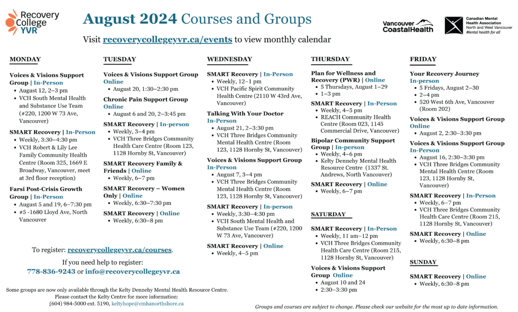 Recovery College YVR August 2024 Calendar