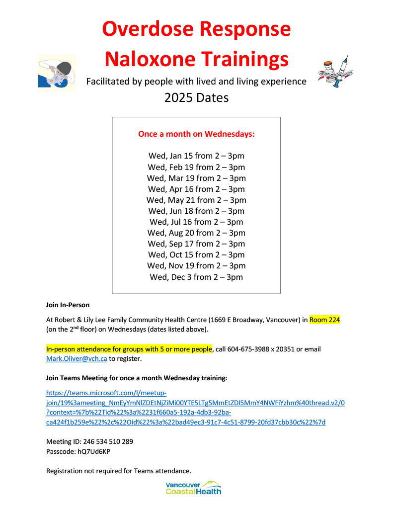 VCH Peer Facilitated Overdose Response Naloxone Training 2025 Schedule