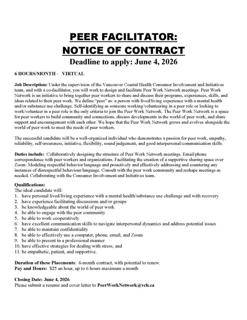 OPPORTUNITY - Peer Work Network Meeting Facilitator (Virtual)