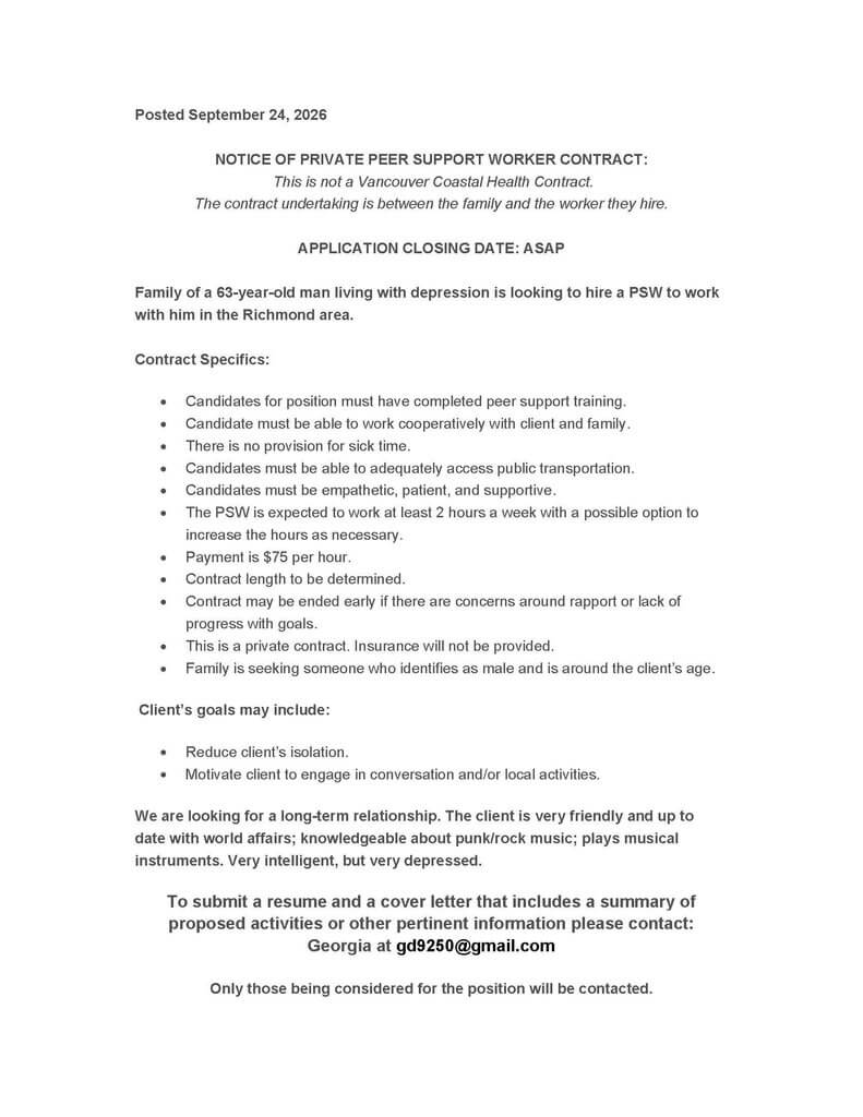 Private Peer Support Worker contract posting - Richmond